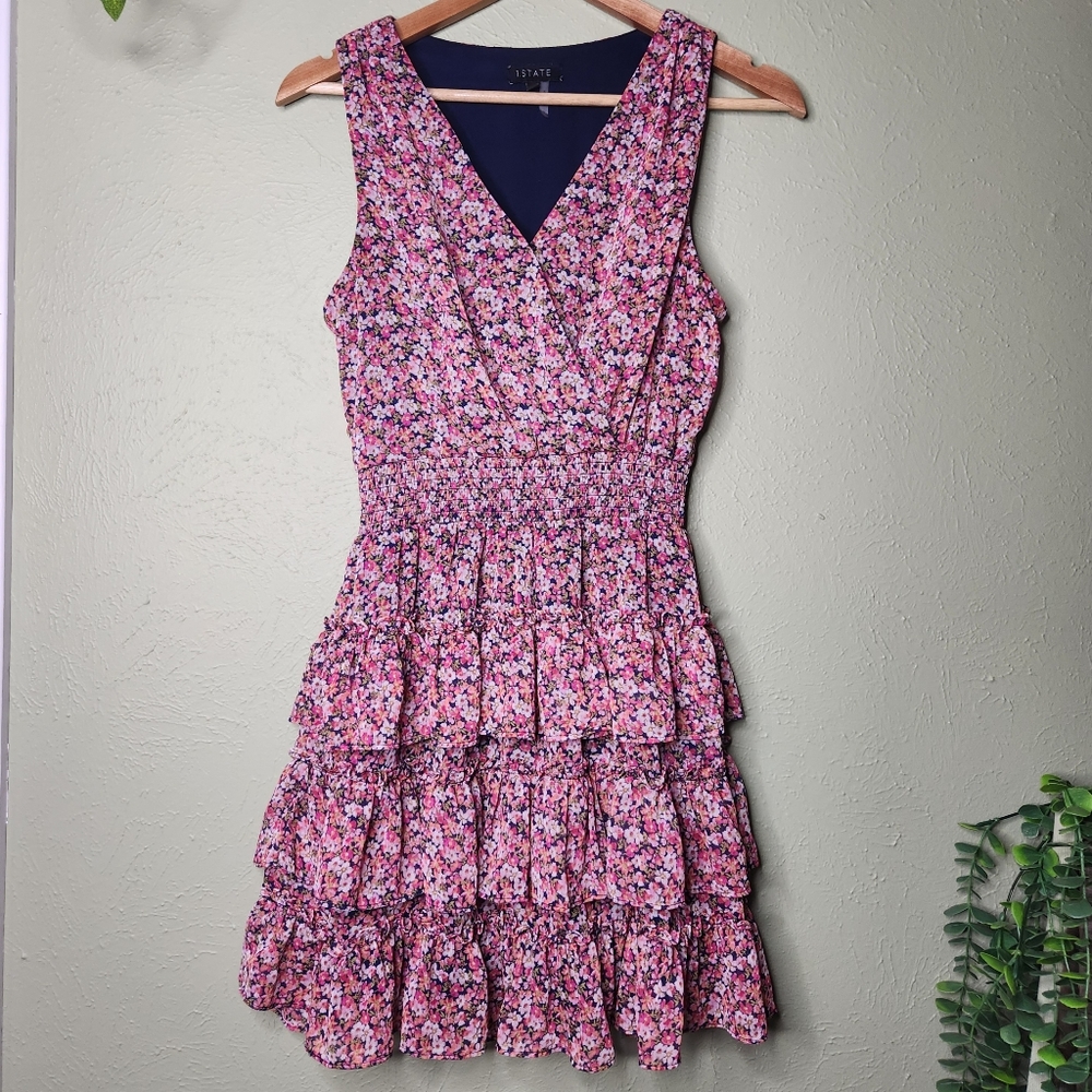 1. STATE Smocked Ruffle Floral Tiered Mini Dress Small Cottagecore Romantic